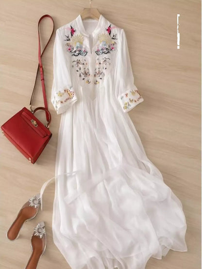 Embroidered Flowy Cotton Linen Maxi Dress