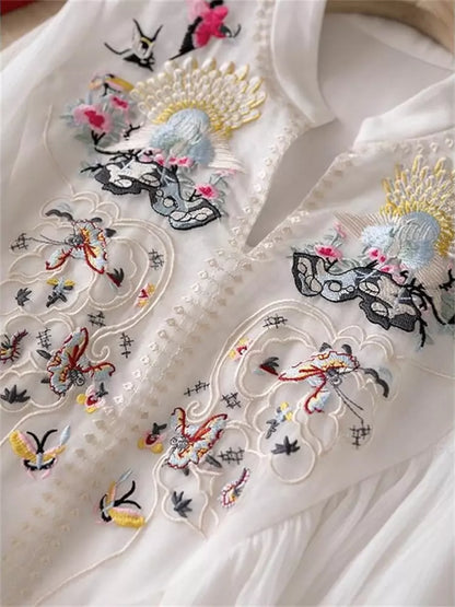 Embroidered Flowy Cotton Linen Maxi Dress