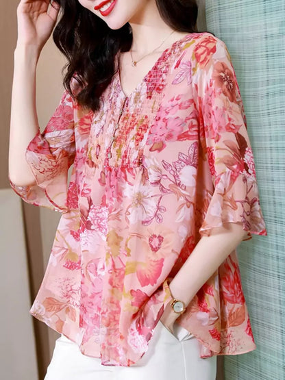 Elegante Chiffonbluse mit V-Ausschnitt, Blumenmuster und Dreiviertelärmeln