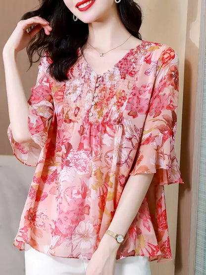 Elegante Chiffonbluse mit V-Ausschnitt, Blumenmuster und Dreiviertelärmeln