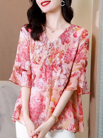 Elegante Chiffonbluse mit V-Ausschnitt, Blumenmuster und Dreiviertelärmeln