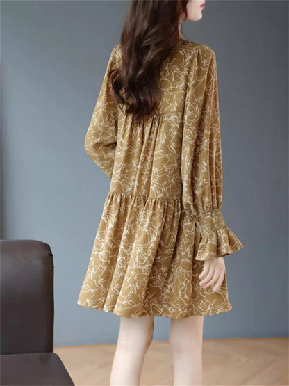 Elegantes Minikleid mit V-Ausschnitt, Blumenmuster und Bindeband vorne, langen Ärmeln