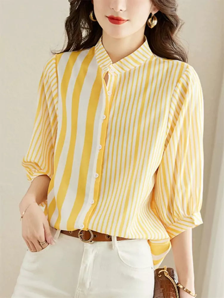 Chic Women's Loose Button Up 3/4 Sleeve Striped Blouse