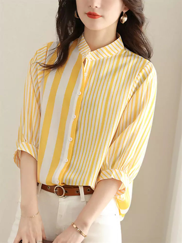 Chic Women's Loose Button Up 3/4 Sleeve Striped Blouse