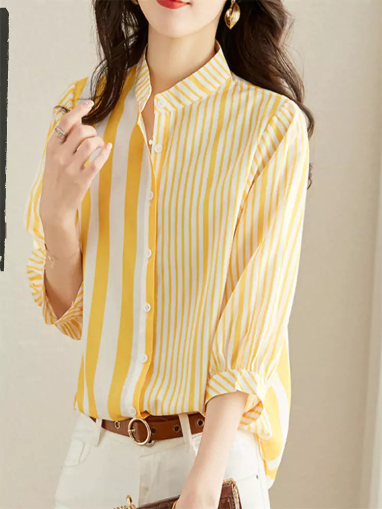 Chic Women's Loose Button Up 3/4 Sleeve Striped Blouse