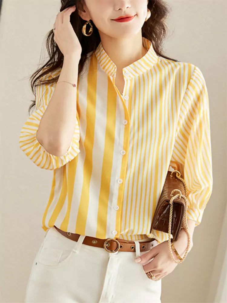 Chic Women's Loose Button Up 3/4 Sleeve Striped Blouse