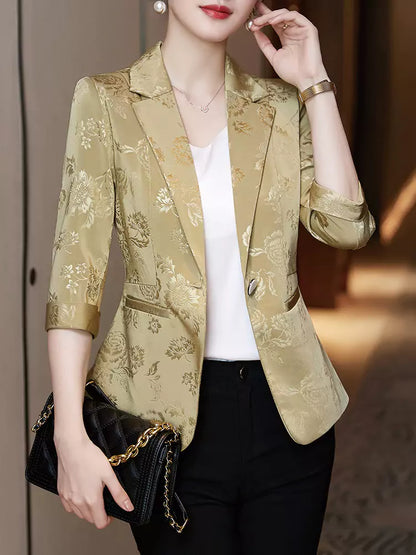 Yellow Jacquard Lapel Collar Blazer Jacket