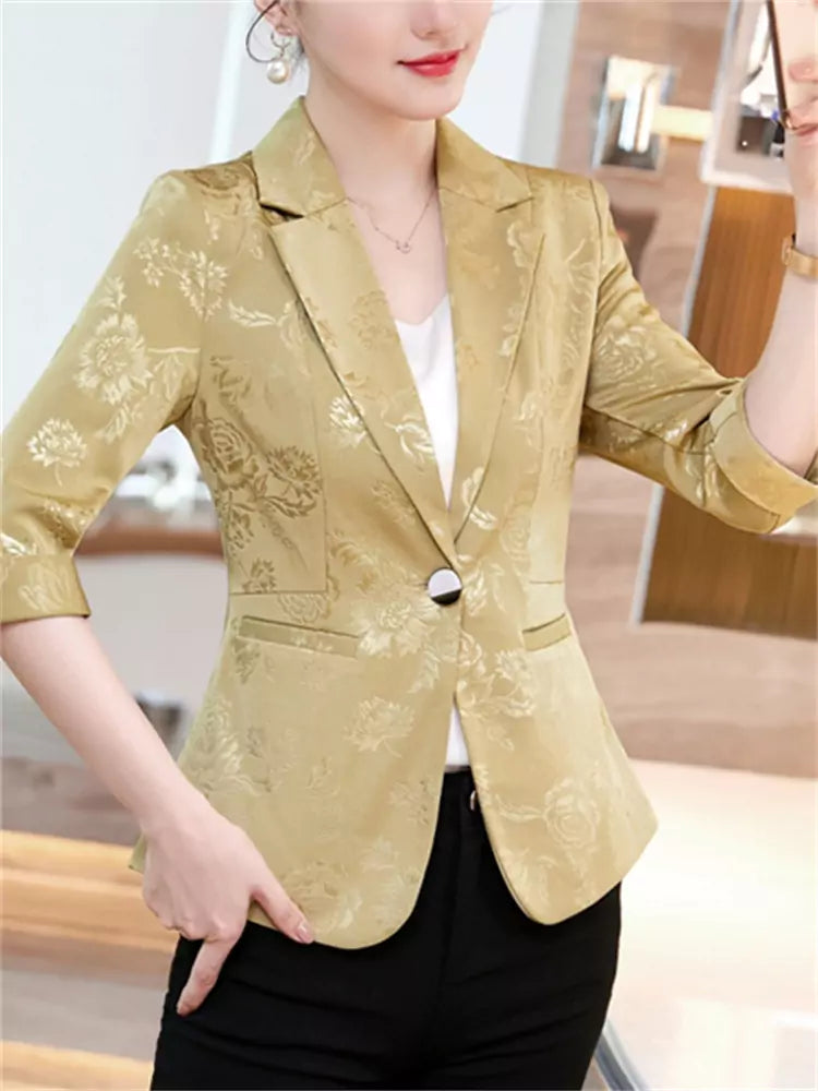 Yellow Jacquard Lapel Collar Blazer Jacket
