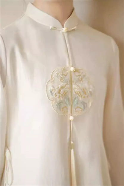 Chinese Style Beige Embroidery Lace Up Chiffon Maxi Dress