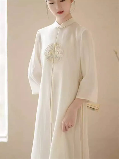 Chinese Style Beige Embroidery Lace Up Chiffon Maxi Dress