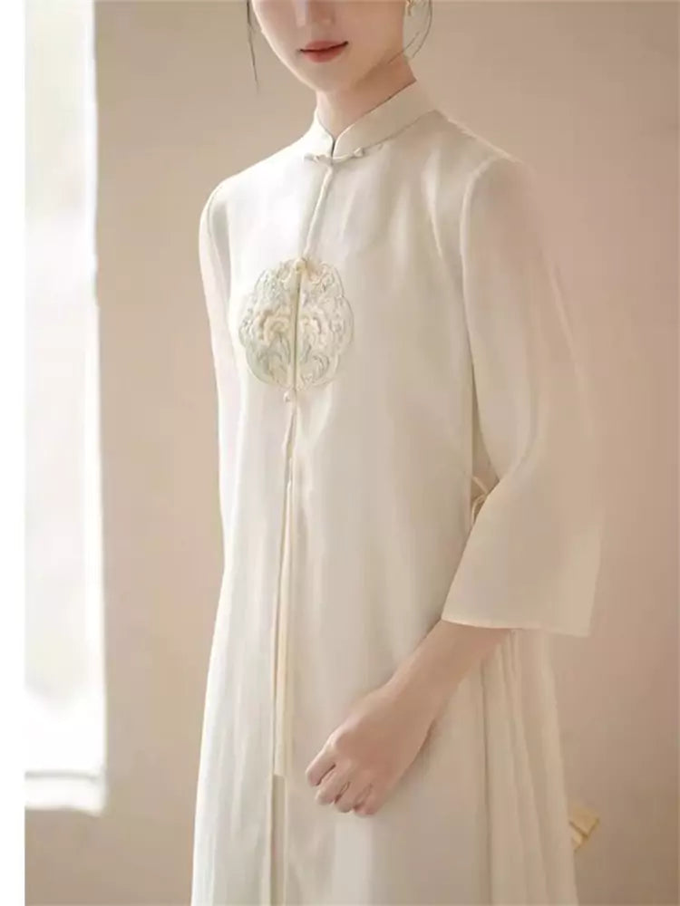 Chinese Style Beige Embroidery Lace Up Chiffon Maxi Dress