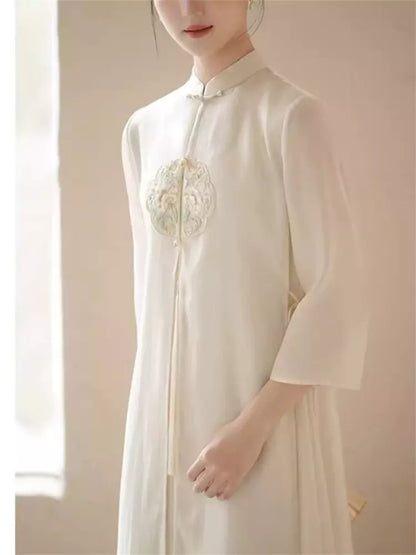 Chinese Style Beige Embroidery Lace Up Chiffon Maxi Dress