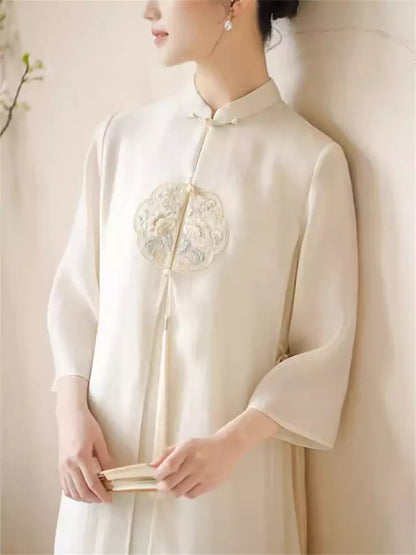 Chinese Style Beige Embroidery Lace Up Chiffon Maxi Dress