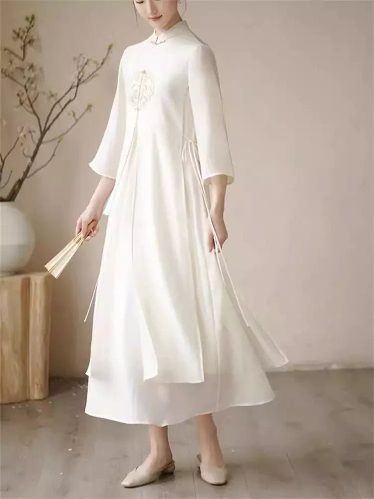 Chinese Style Beige Embroidery Lace Up Chiffon Maxi Dress