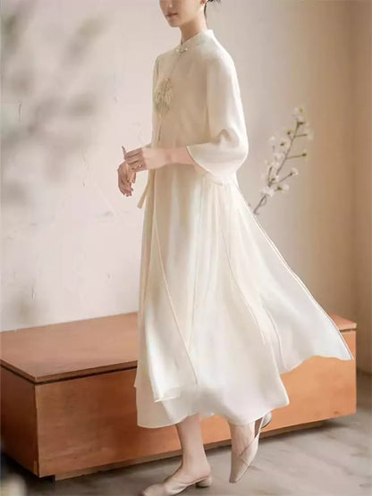 Chinese Style Beige Embroidery Lace Up Chiffon Maxi Dress
