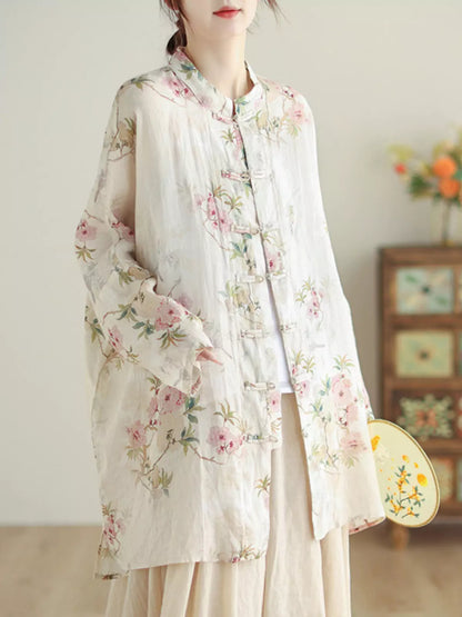 Chinese Style Cotton Linen Floral Print Stand Collar Blouse with Frog Buttons