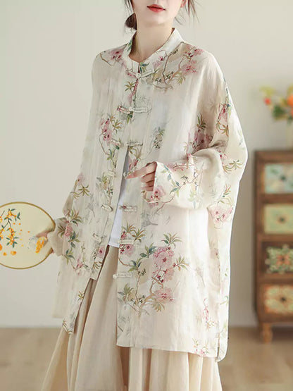 Chinese Style Cotton Linen Floral Print Stand Collar Blouse with Frog Buttons