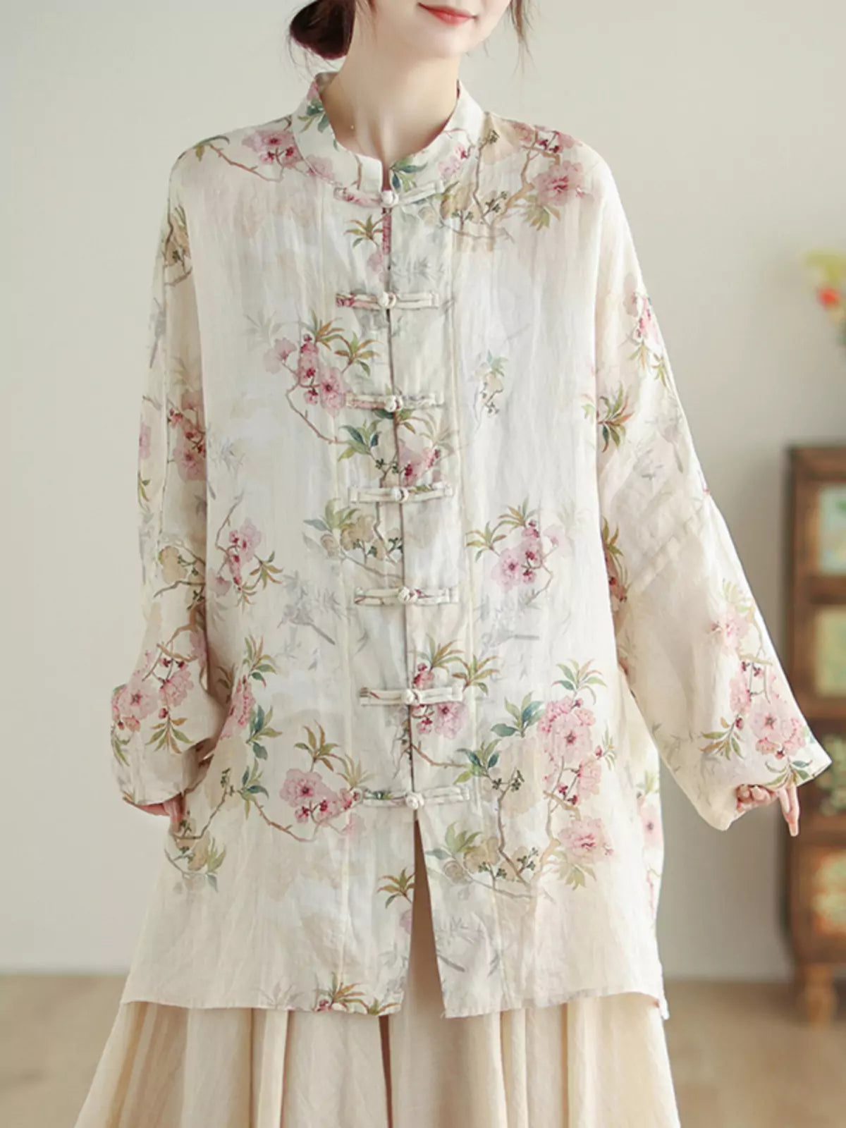 Chinese Style Cotton Linen Floral Print Stand Collar Blouse with Frog Buttons