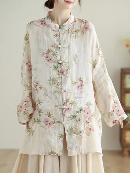 Chinese Style Cotton Linen Floral Print Stand Collar Blouse with Frog Buttons