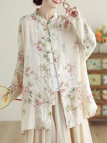 Chinese Style Cotton Linen Floral Print Stand Collar Blouse with Frog Buttons