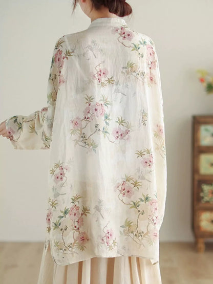 Chinese Style Cotton Linen Floral Print Stand Collar Blouse with Frog Buttons