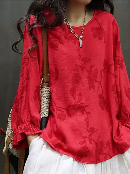 Chinese Style Embroidered Loose Fit Round Neck Linen Blouse