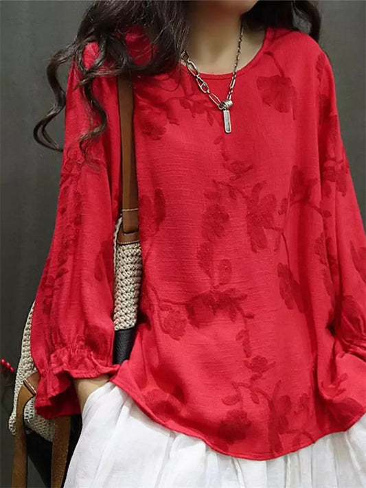 Chinese Style Embroidered Loose Fit Round Neck Linen Blouse