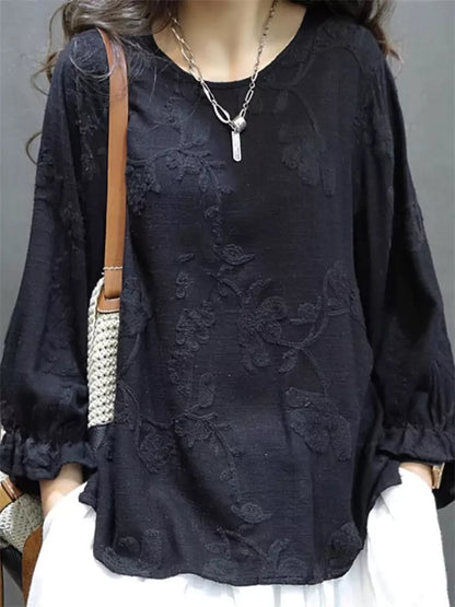 Chinese Style Embroidered Loose Fit Round Neck Linen Blouse
