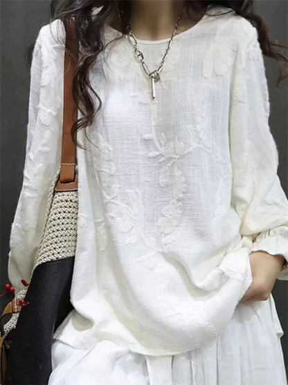 Chinese Style Embroidered Loose Fit Round Neck Linen Blouse