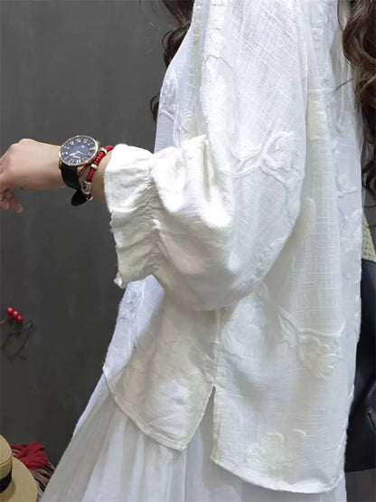 Chinese Style Embroidered Loose Fit Round Neck Linen Blouse