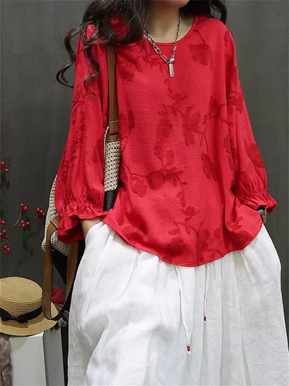 Chinese Style Embroidered Loose Fit Round Neck Linen Blouse