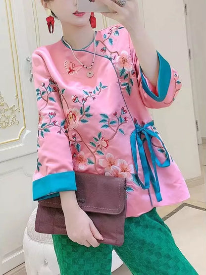 Chinese Style Embroidered Bird & Floral Tie Waist Silk Blouse