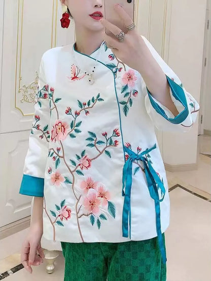 Chinese Style Embroidered Bird & Floral Tie Waist Silk Blouse