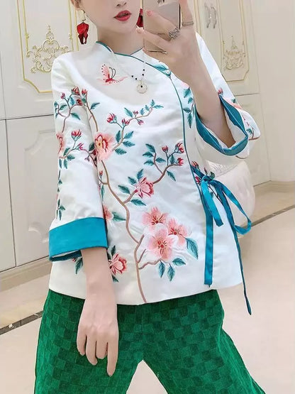 Chinese Style Embroidered Bird & Floral Tie Waist Silk Blouse