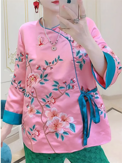 Chinese Style Embroidered Bird & Floral Tie Waist Silk Blouse