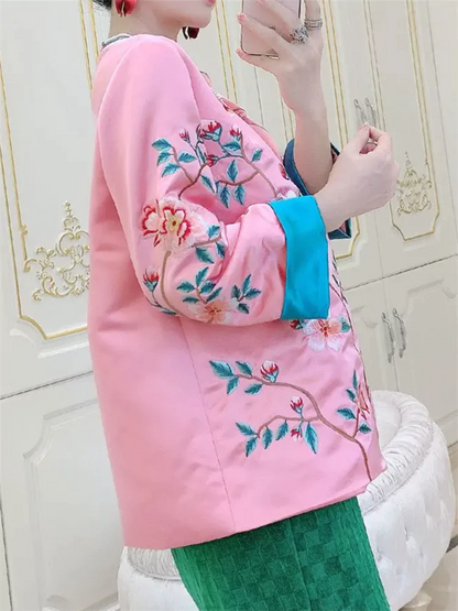 Chinese Style Embroidered Bird & Floral Tie Waist Silk Blouse