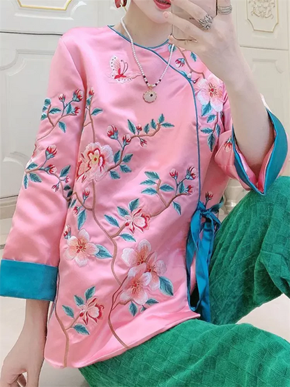 Chinese Style Embroidered Bird & Floral Tie Waist Silk Blouse