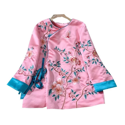 Chinese Style Embroidered Bird & Floral Tie Waist Silk Blouse