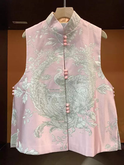 Chinese Style Embroidered Vintage Knotted Waistcoat Mandarin Collar
