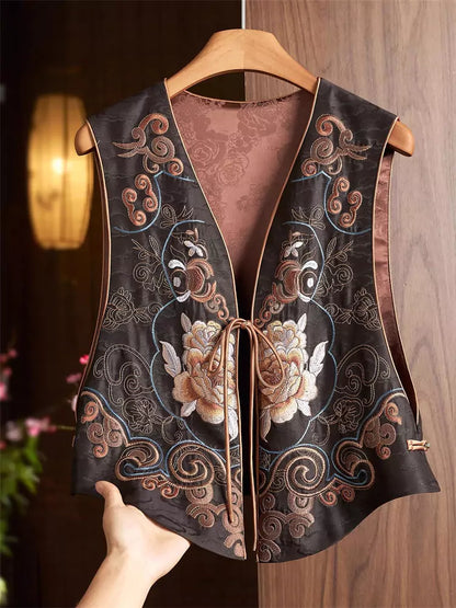 Chinese Style Faux Silk Vest Embroidered V-Neck Waistcoat