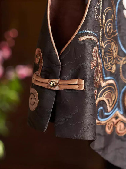 Chinese Style Faux Silk Vest Embroidered V-Neck Waistcoat