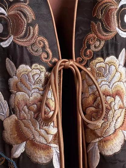 Chinese Style Faux Silk Vest Embroidered V-Neck Waistcoat