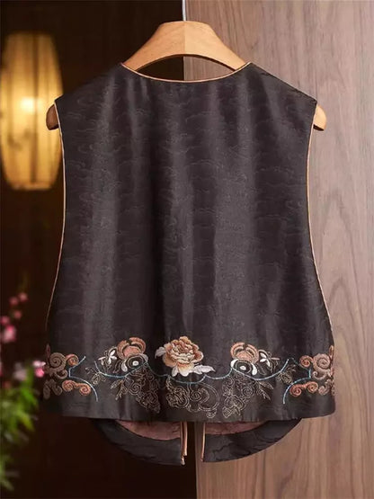 Chinese Style Faux Silk Vest Embroidered V-Neck Waistcoat