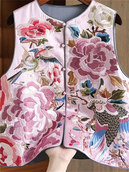 Chinese Style Floral Heavy Embroidered Silk Waistcoat
