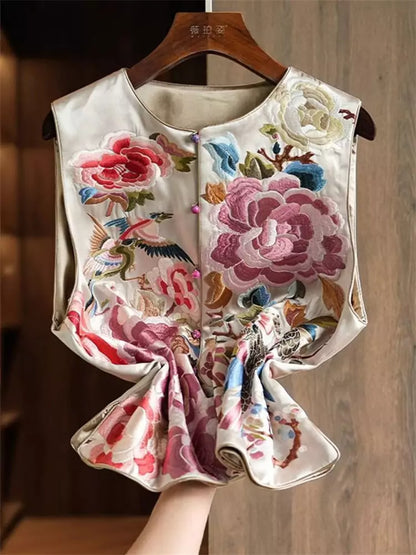 Chinese Style Floral Heavy Embroidered Silk Waistcoat