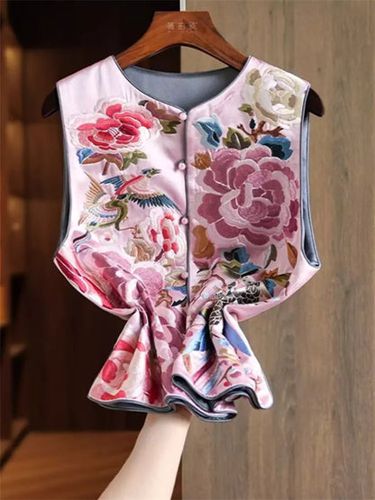 Chinese Style Floral Heavy Embroidered Silk Waistcoat