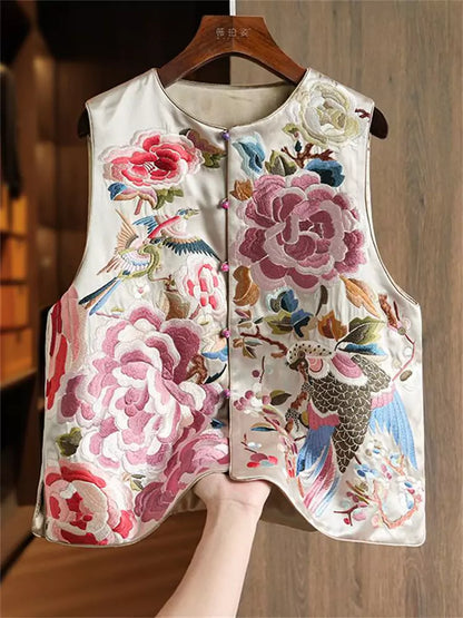 Chinese Style Floral Heavy Embroidered Silk Waistcoat