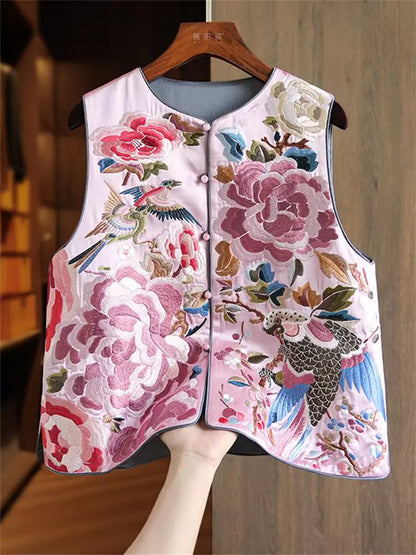 Chinese Style Floral Heavy Embroidered Silk Waistcoat