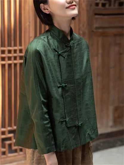 Chinese Style Green Cross-Collar Long Sleeve Blouse with Frog Buttons