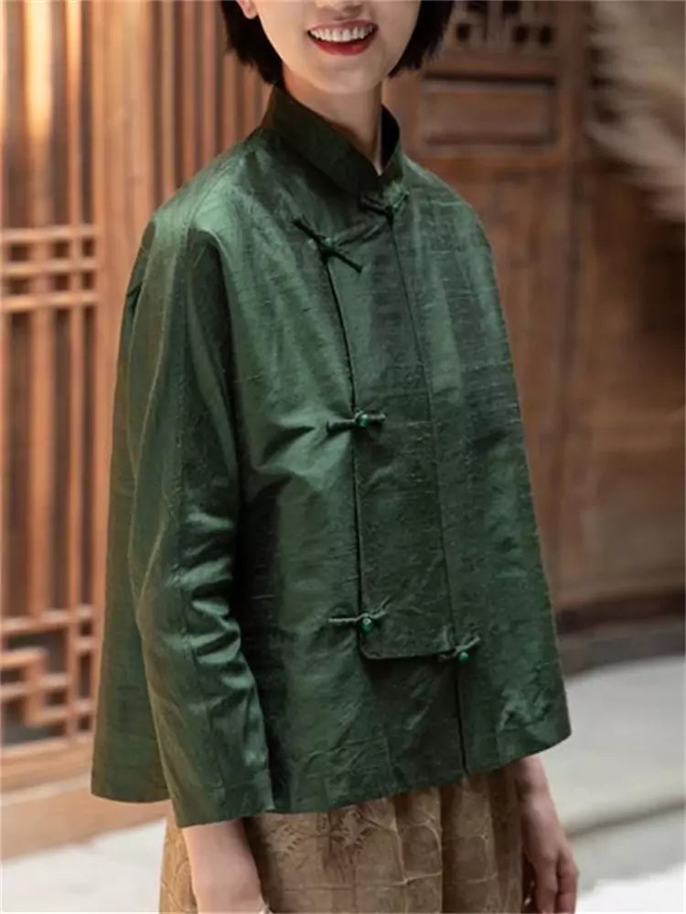 Chinese Style Green Cross-Collar Long Sleeve Blouse with Frog Buttons